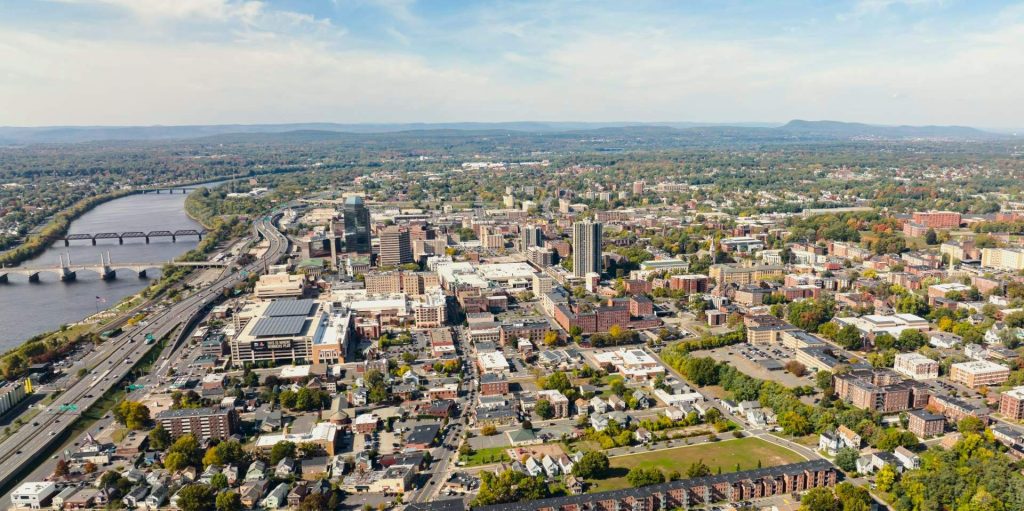 Aerial view of Springfield, Massachusetts on a bright sunny day.