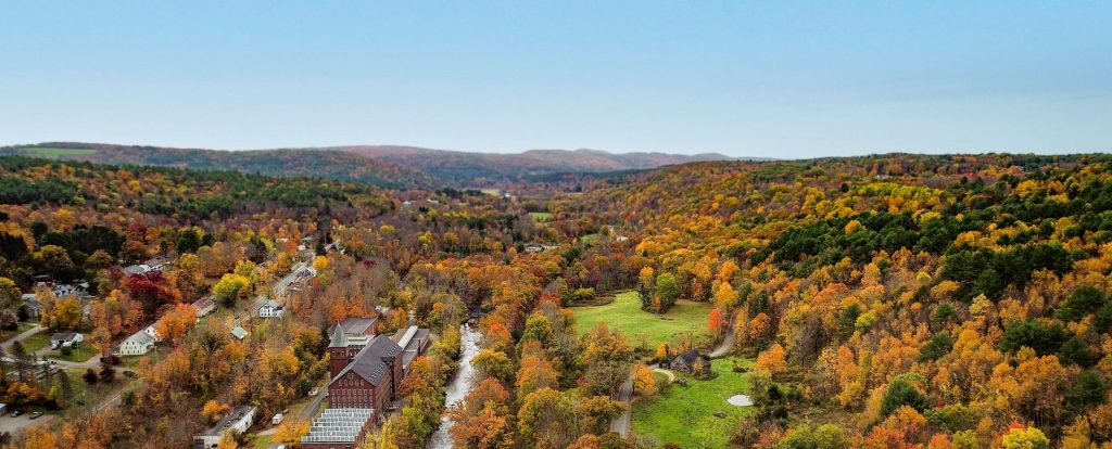 Arial view of Ware, Massachusetts during autumn.