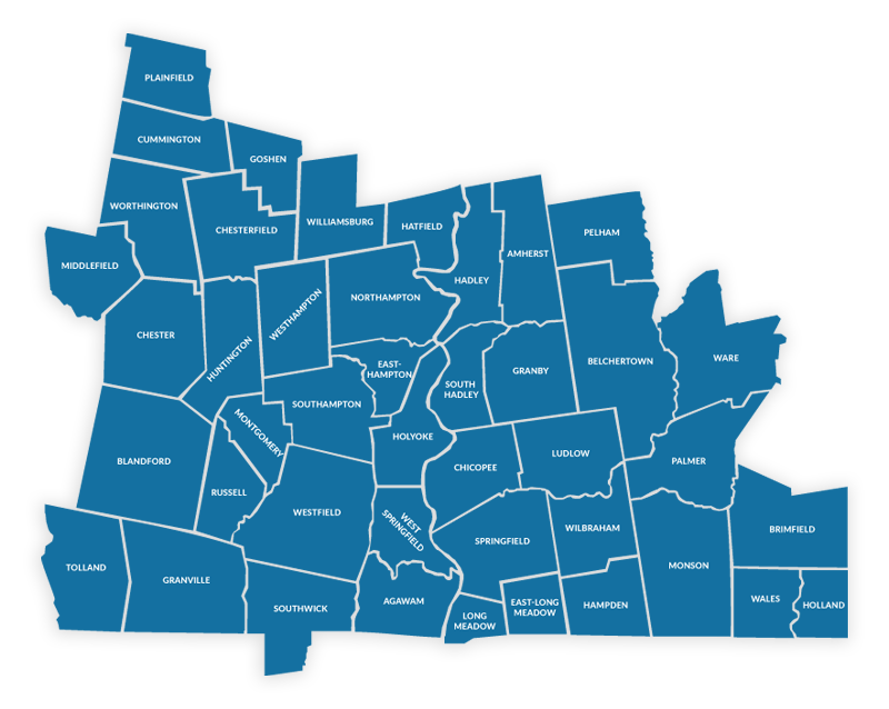 Map of 43 municipalities in Pioneer Valley