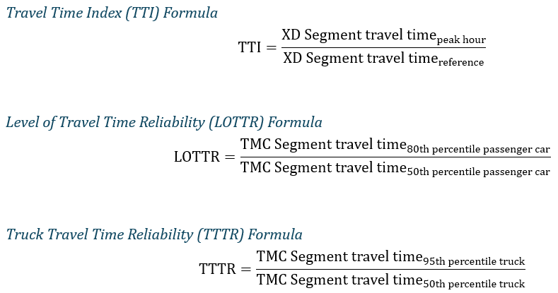 Equations used in the calculations for travel time index (TTI), level of travel time reliability (LOTTR) and truck travel time reliability (TTTR).