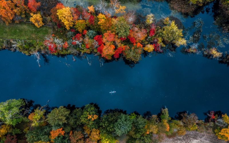 Careers Mass River Autumn foliage surrounding a river in Massachusetts, viewed from above.