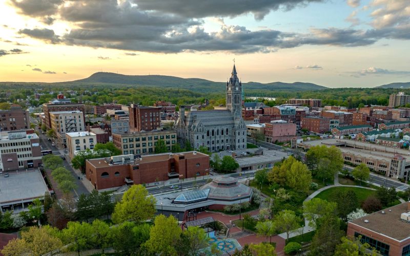 Holyoke arial view showing city hall at dawn.